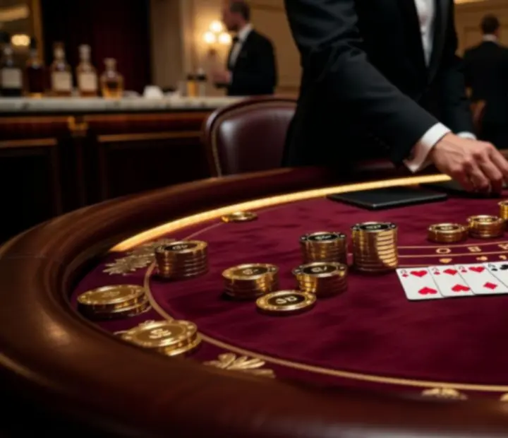Detal luksusowego stołu Blackjack z designerskimi żetonami