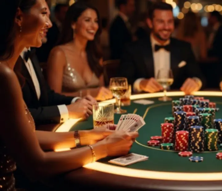 Klimatycznie oświetlony stół pokerowy z profesjonalnym prowadzącym