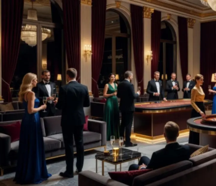 Elegancki wieczorny event korporacyjny z podświetlonym stołem do gry i gośćmi w strojach koktajlowych