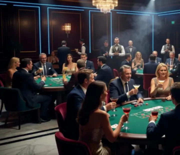 Nocna atmosfera przy stolikach pokerowych z nastrojowym światłem i gośćmi