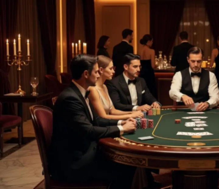 Eleganckie stoły pokerowe w nastrojowym oświetleniu podczas wieczoru eventowego