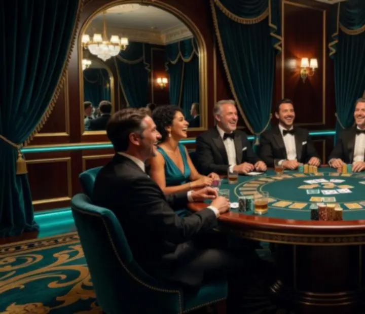 Scenografia wieczoru pokerowego w stylu Monte Carlo z elegancką publicznością